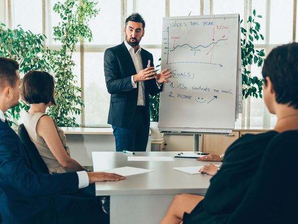 Business team meeting and financial presentation